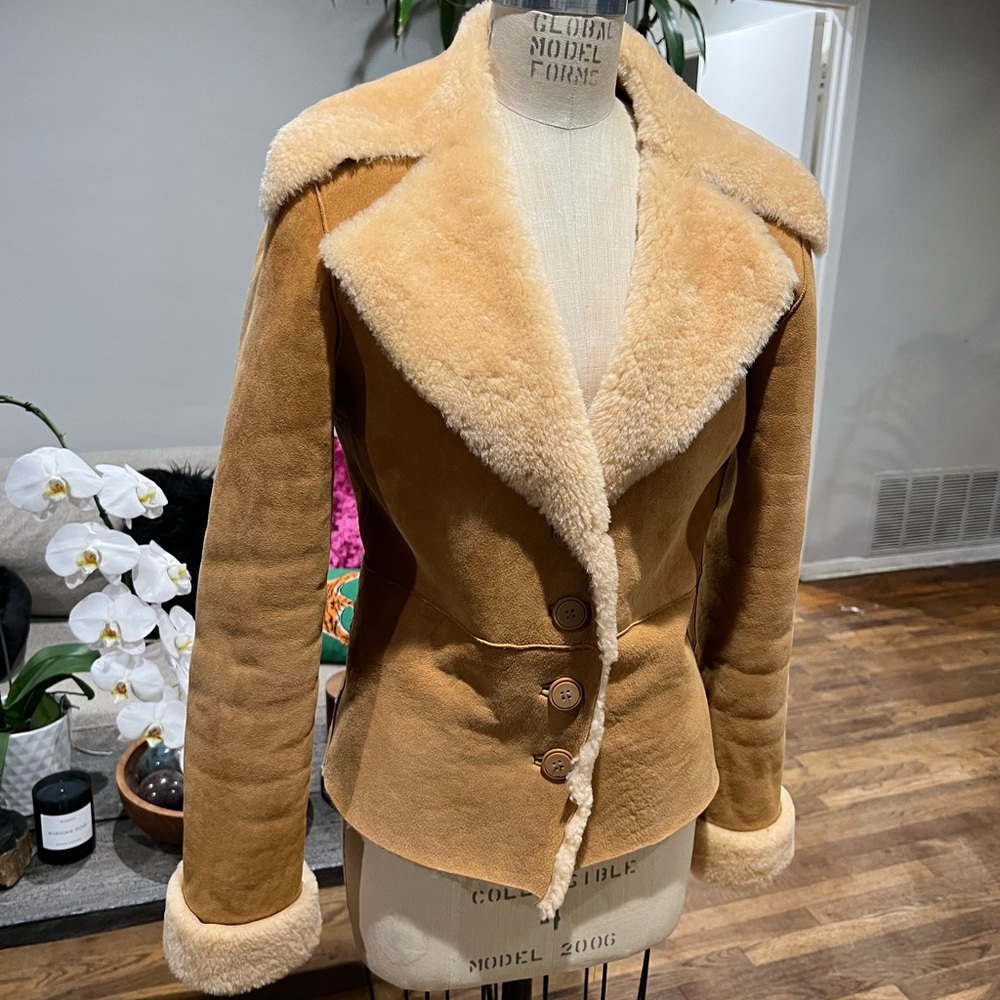 SHERI BODELL Shearling Leather Suede Dyed Lamb Jacket Western Boho Coat Tan